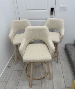 Set of 3 Cream Upholstered Counter/Bar Stools – Gold Footrest