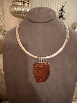 Vintage 925 Silver Large Amber Stone Pendant Necklace Made In Italy