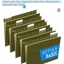 Hanging File Folders, RAZCC 60 Pack Reinforced Hanging Folders Letter Size, Designed for Bulky Files, Filing Cabinet, Adjustable Tabs, Green