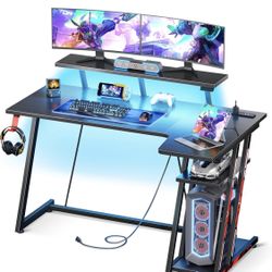  Gaming Desk with LED Lights & Power Outlets, 47 Inch L Shaped Computer Desk with Storage Shelf
