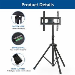Portable Tripod TV Floor Stand for 32-65 Inch TVs, Height Adjustable TV Mount with Swivel & ±8° Tilt, Built-in Bubble Level & Safety Lock, Heavy Duty