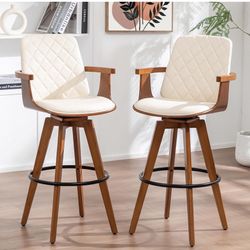Swivel Bar Stools Set of 2 - 29.1 inch Mid Century Bar Stools with Walnut Craftsmanship, Curved Back and Arms, Upholstered Seat, Kitchen Island Stools