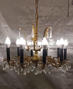 ANTIQUE French Gilt Brass Rococo Lead Crystal 10 Light Chandelier Blk Velvet