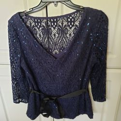 NEW ALEX EVENING DARK BLUE TOP LACE EMBELLISHED BELTED Blouse SIZE M