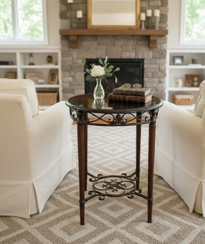 Granite Top Round End Table W/iron Details 