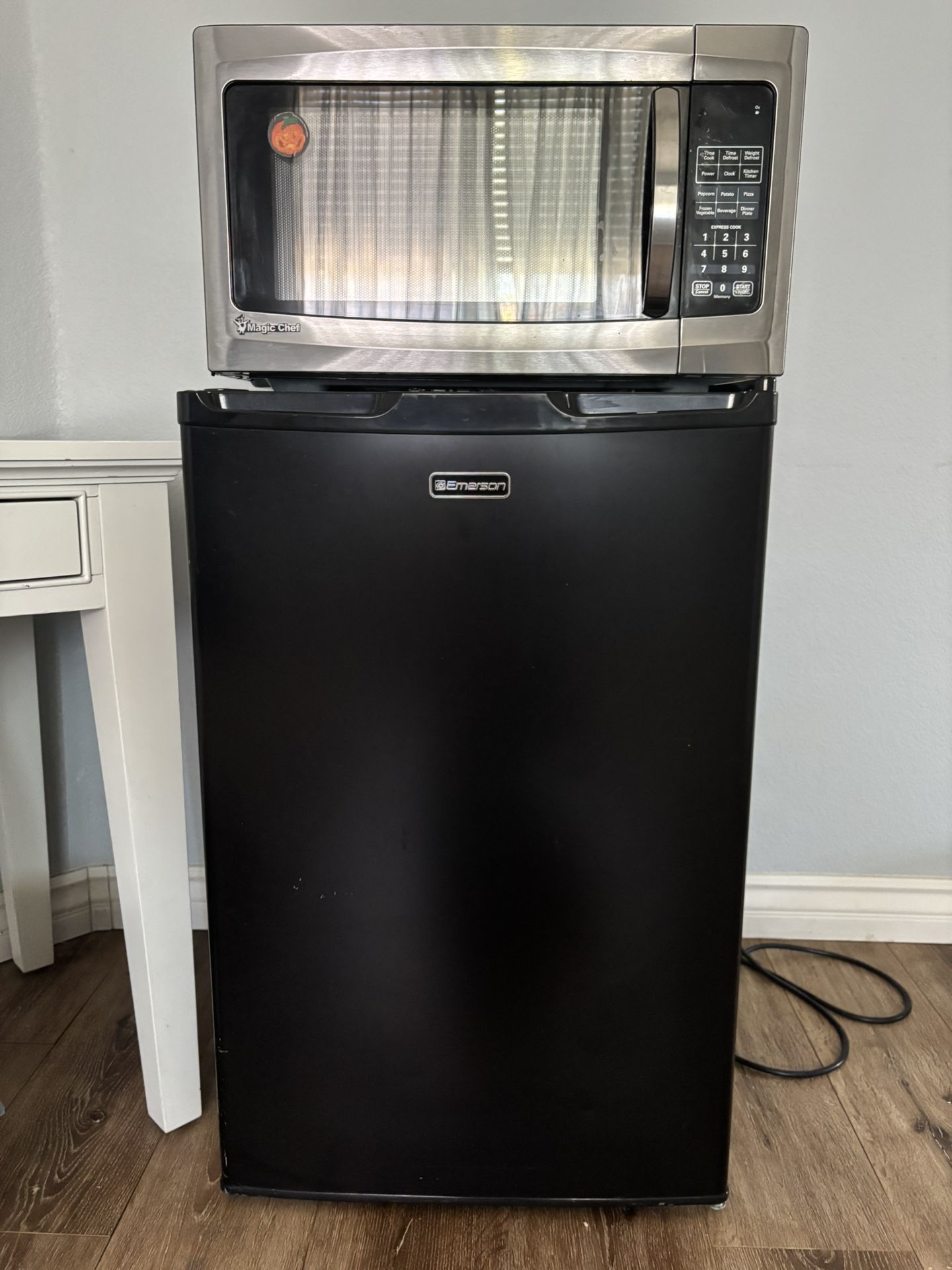 Emerson refrigerator and Magic chef microwave