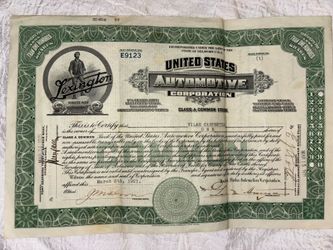 authentic green common stuck certificate from the United States Automotive Corporation