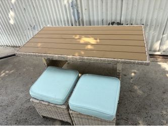 Outdoor Patio Wicker Dining Table and 2 Ottomans , Blue