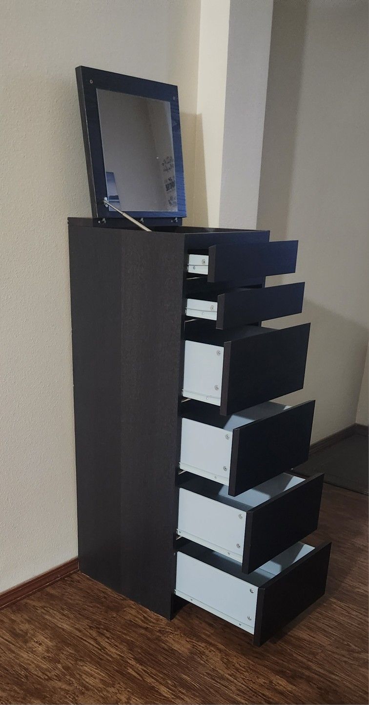 IKEA MALM 6- DRESSER TALL CHEST wirh MIRROR , BLACK- BROWN