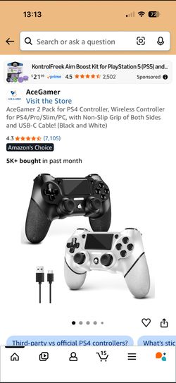 ceGamer 2 Pack for PS4 Controller, Wireless Controller for PS4/Pro/Slim/PC, with Non-Slip Grip of Both Sides and USB-C Cable! (Black and White)