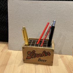 1984 STROH'S BEER BOX WOODEN MINIATURE BEER BOTTLE CRATE PEN & PENCIL HOLDER