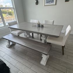 Custom Made Dining Table, Bench,  and  4 Pottery Barn Ch 