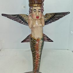 Vintage Unique Mexican Folk Art Mermaid Hand Carved Painted Wood Wall Art 30”