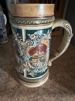 Vintage Ceramic Beer Stein with Relief Scene