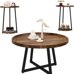 Coffee Table and End Table Sets, Round Coffee Table Set & 2 End Side Tables, Easy Assembly Vintage Living Room Table Set of 3, Suitable for Offices, L