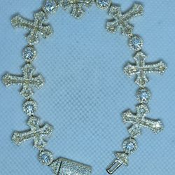 Gold Over 925 Sterling Silver Cross Bracelet With Genuine Moissanite 8 Inch 20 MM 12 Carats 100% Authentic 