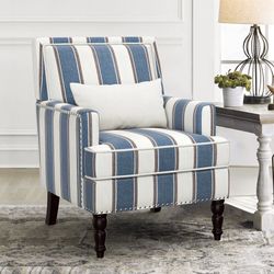 35 in. Blue White Stripes Fabric Classic Accent Chair Solid Wood Upholstered Armchair with Cushion Nailhead