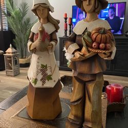 Vintage Pacific Rim Pilgrim Man and Woman Figurines Statues Thanksgiving 18”