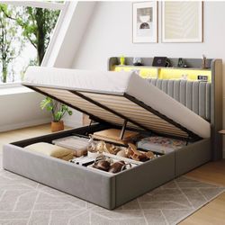 SHA CERLIN Queen Size Lift Up Storage Bed Frame/LED Lights/Charging Station/2-Tier Shelves Headboard/USB,Type-C Ports/Velvet Upholstered/Hydraulic Sup