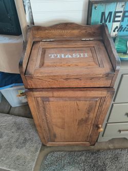 Solid wood trash cabinet - warm oak, hinged top and door