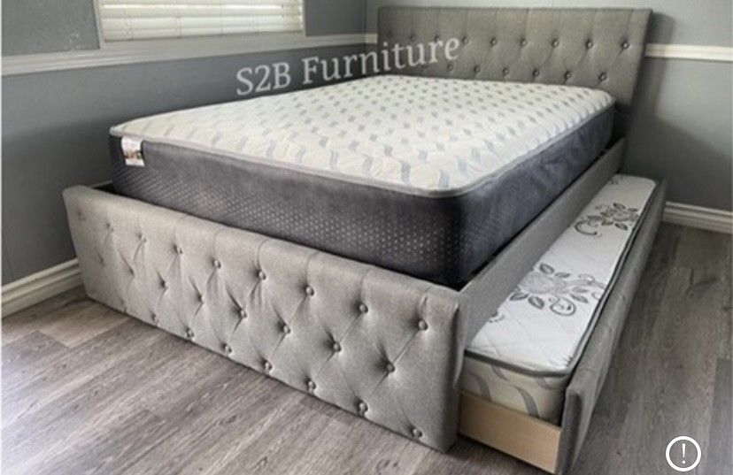 Full Twin Grey Frenchi Trundle Bed With Orthopedic Mattress Included!!