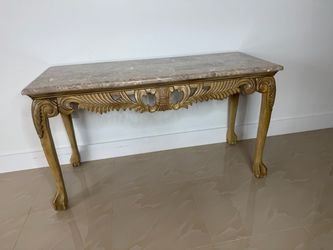 Marble Top Console Table with Carved Wood Base