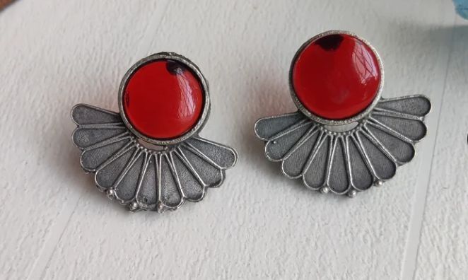 Brass Red Fan Shape Elegant Indian Beautiful Earrings Ethnic Wedding
