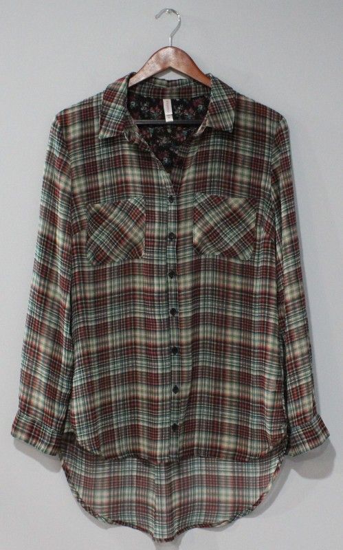 Xhilaration Women's Size M Plaid Sheer Long Sleeve Button Shirt