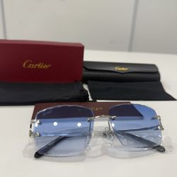Cartier Glasses (Diamond Cut), Blue Lense, Silver Frame