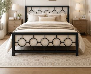 Queen bed Metal Platform Bed Frame/Victorian Headboard and Footboard/Steel Slats Mattress Foundation for Storage/No Box Spring Needed/Noise Free/Black