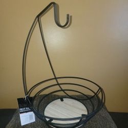 🆕️NEW LARGE METAL AND WOOD FRUIT  BOWL WITH BANANA HOLDER