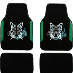 CAR PASS Embroidery Butterfly Car Floor Mats, Green Carpet Floor mats with Heel Pad, Universal Fit for Suvs,Sedans,Trucks,Cars, Set of 4 (Black and Gr