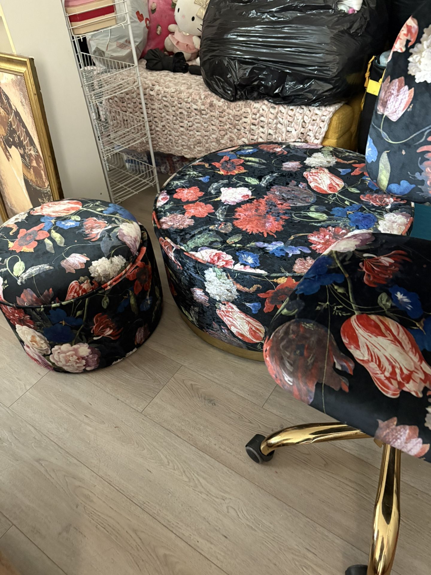 floral ottoman and desk chair