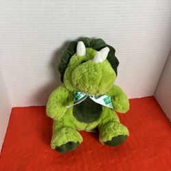 Kellytoy Green Triceratops Plush Stuffed Animal Plaid Bow Soft Clean 9"