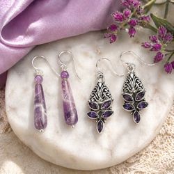 Hallmarked Sterling Silver LOT 2- Drop Earrings Handset Faceted Natural Amethysts Quartz Jewelry