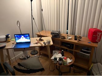 Moving Sale: 2 Tables + TV Stand + Coca-Cola Mini Fridge Bundle
