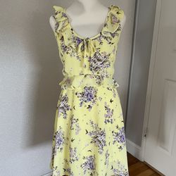 Yellow Chiffon A-line Floral Dress Size M