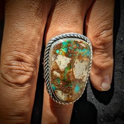 Kevin Yazzie Navajo Boulder Ribbon Turquoise Ring Size 8 Tufa Cast 