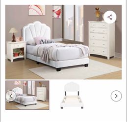 White Upholstered Twin Bed Frame with Shell Headboard