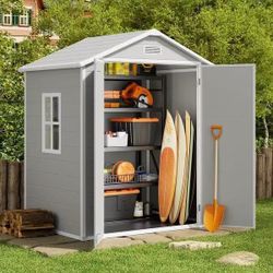 🟢 6x4.4FT Outdoor Resin Plastic Storage Shed with Floor, Lockable Doors