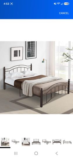Dark Brown Metal Queen Bed Frame with Headboard and Footboard