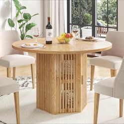 47 Inch Round Dining Room Table with Storage for 4-6, 6 Doors Circle Kitchen Table with 2 Tier
