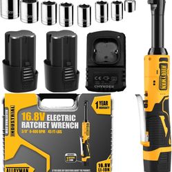 Alloyman 16.8V 2.0Ah Li-Ion Cordless Ratchet Wrench Kit, Yellow, 400 RPM, 7 Sockets, 1/4 Inch Adapter, 1 Hour Fast Charge