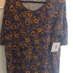 Lularoe Womens Top IRMA BLUE /GOLD FLOWER DESIGN.  Size Med