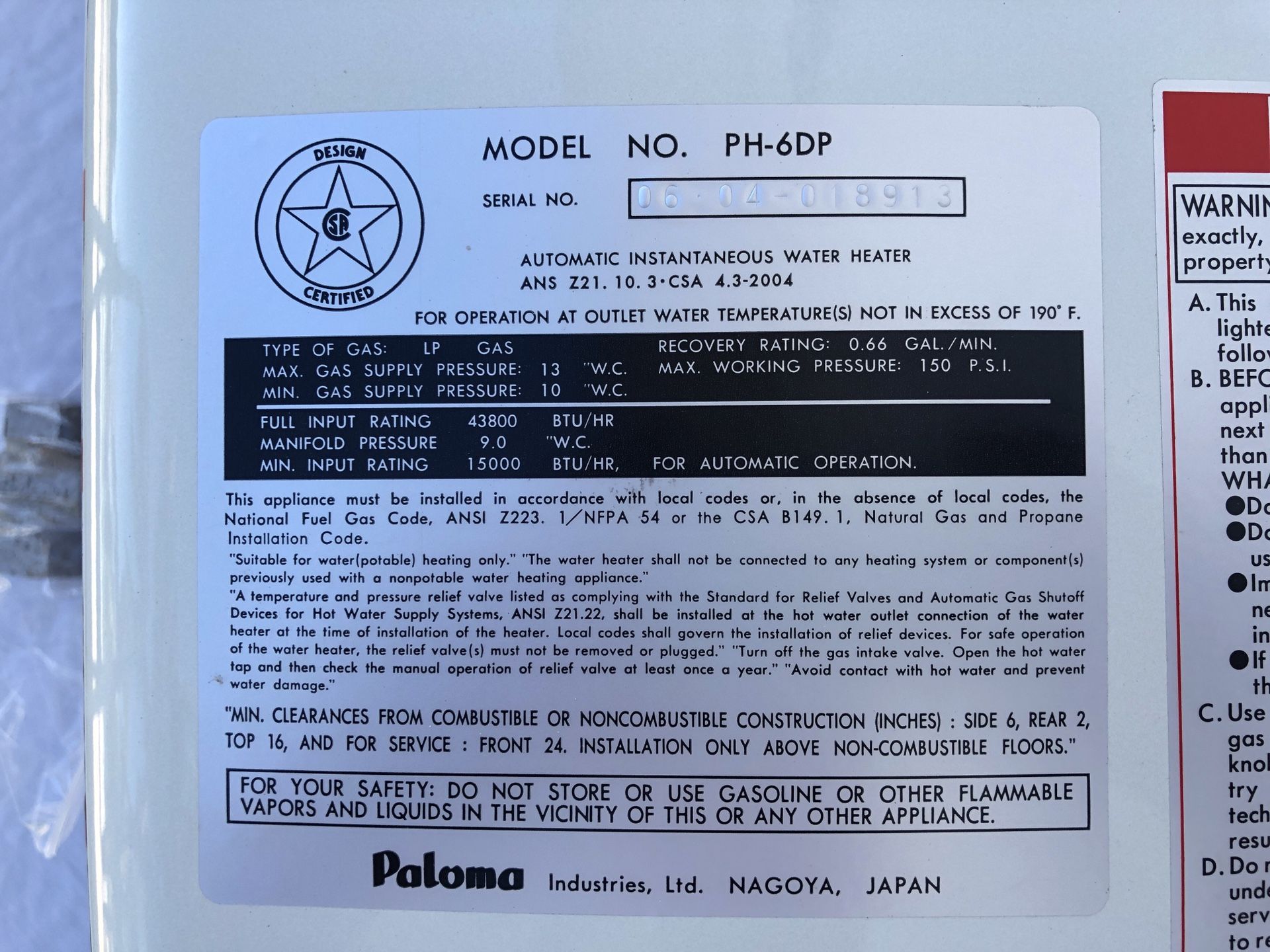 Paloma PH6DP propane LPG offgrid tankless water heater, excellent for