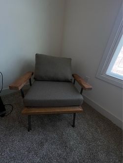 Gray Lounge Accent Chair, Wood Arms, Metal Frame — $75 OBO