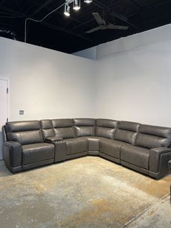 Lauretta Leather Power Reclining Sectional — Grey