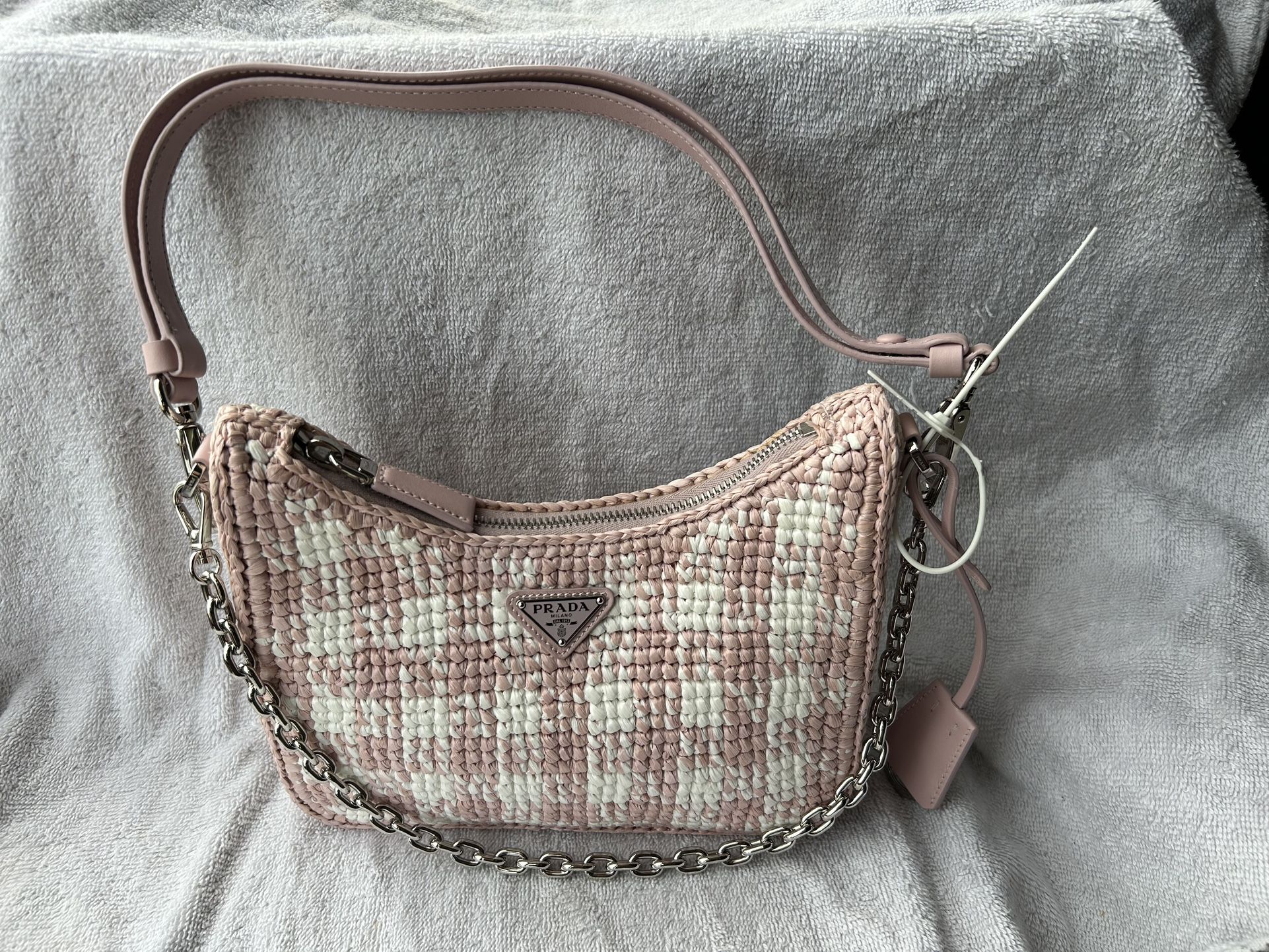 BRAND NEW! PRADA RE-EDITION SMALL SHOULDER BAG RAFFIA CROCHET PINK ALABASTRO
