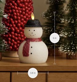 Luminara Flameless Christmas Decor - Snowman Figural LED Candle Orange Natural Color, White, 3.8" x 6" Real Wax Moving Flame Battery Operated w/Timer