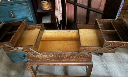 Vintage Wooden Sewing Box with Fold-Out Compartments